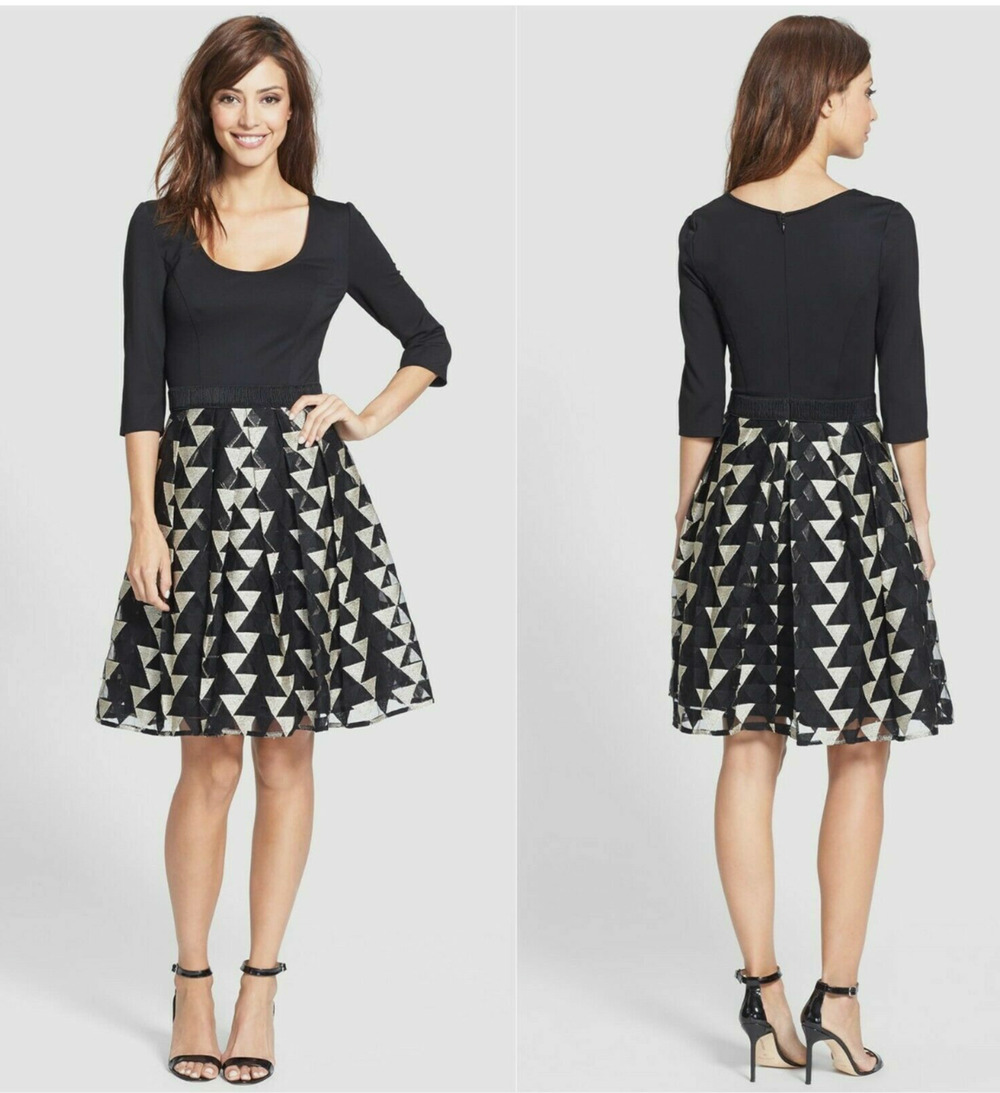 Plenty by Tracy Reese Black Geometric Fit & Flare Eliza Dress Womens 4 NWT Gold